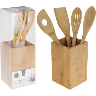 Set 4 utensili con supporto portautensili in bamboo