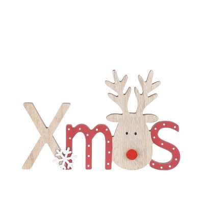 Scritta Xmas in legno naturale e rosso con decoro renna 28cm